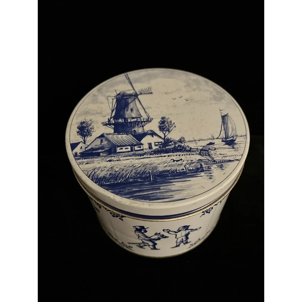 Dutch Rosenberg Blue White Metal Tin W/ Lid Children at Play Windmill Maranto